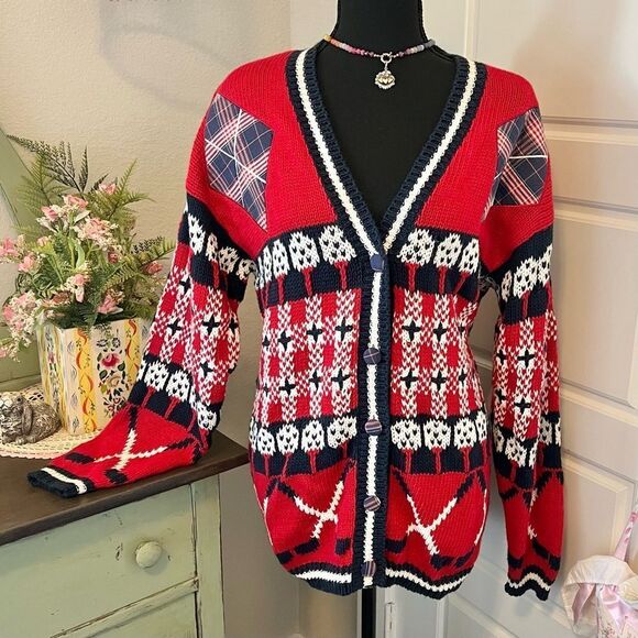 PBJ Sport Sweaters - Vintage PBJ Sport 90s 80s Red Blue White Golf Prep Novelty Cardigan Sweater Sz M